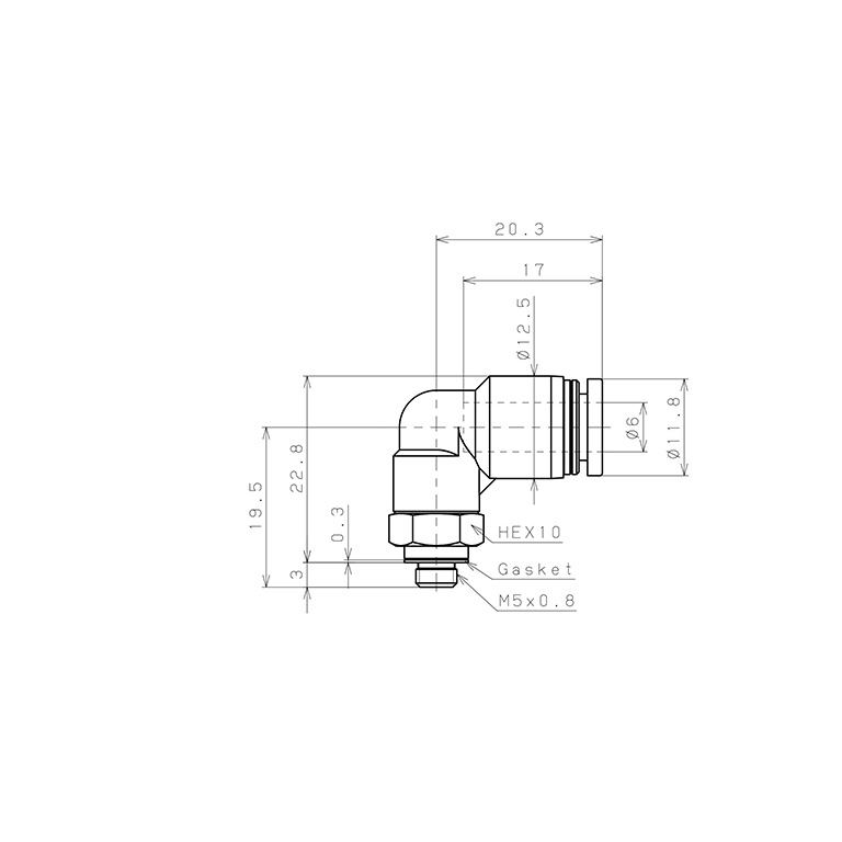 Đầu Nối Nhanh Khí Nén Dạng Cong 90° Ren Ngoài Pisco PL6-M5-UC_drawing