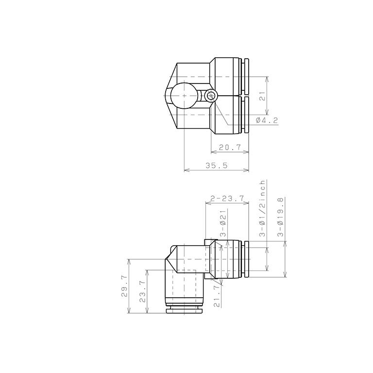 Đầu Nối Nhanh Khí Nén Ba Ngã Cong 90° Pisco PAU1/2-C_drawing
