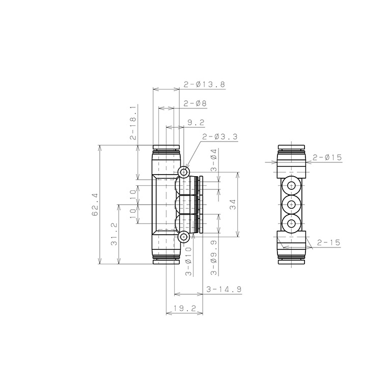 Đầu Nối Nhanh Khí Nén Chữ T 5 Ngã Dạng Nối Giảm Pisco PKG8-4W_drawing