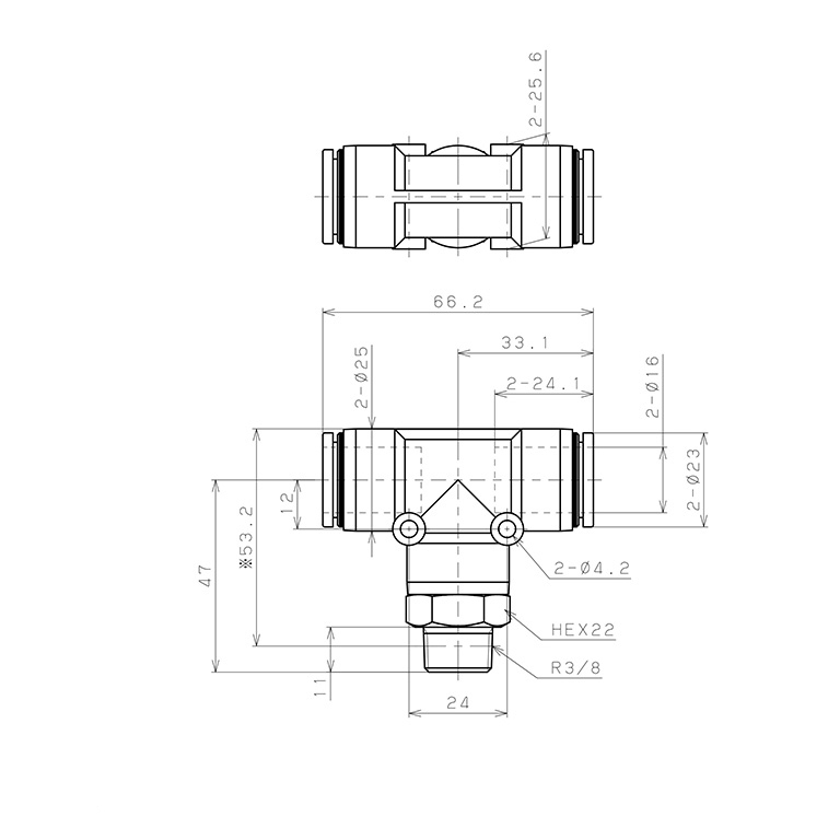 Đầu Nối Nhanh Khí Nén Dạng Chữ T Ren Ngoài Pisco PB16-03W-C_drawing