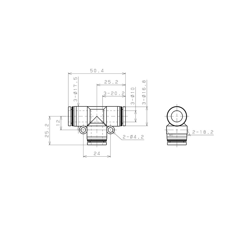 Đầu Nối Nhanh Khí Nén Chữ T Pisco PE10W_drawing