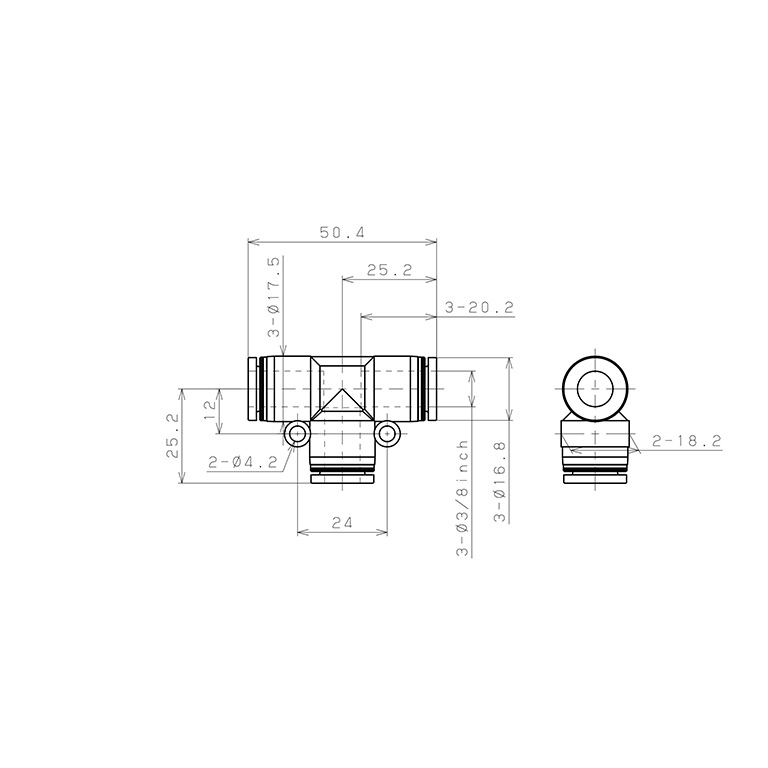 Đầu Nối Nhanh Khí Nén Chữ T Pisco PE3/8W_drawing