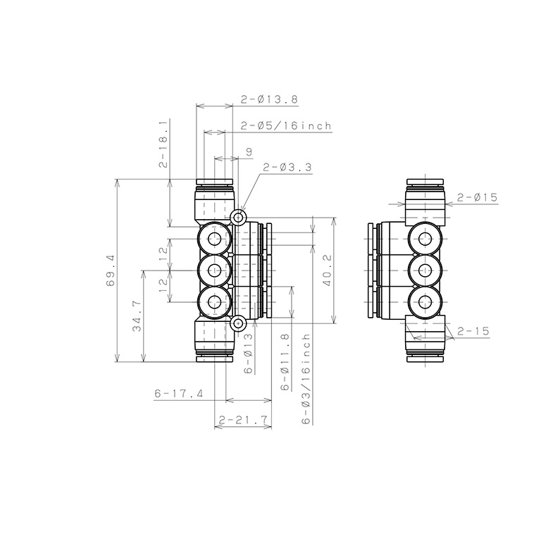 Đầu Nối Nhanh Khí Nén Chữ T 8 Ngã Dạng Nối Giảm Pisco PKVG5/16-3/16-C_drawing