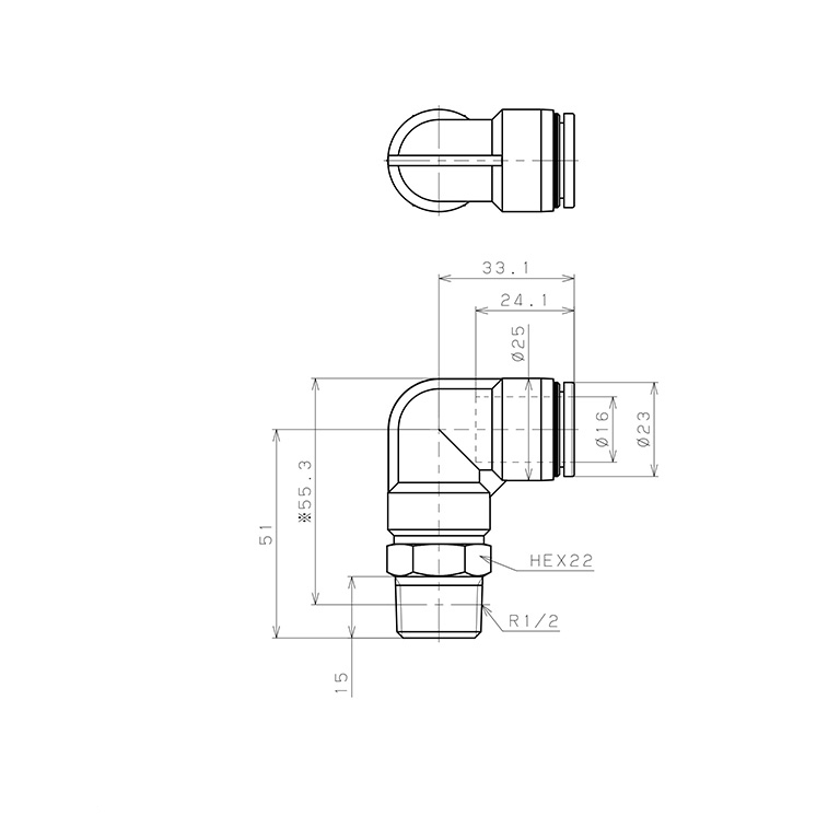 Đầu Nối Nhanh Khí Nén Dạng Cong 90° Ren Ngoài Pisco PL16-04-C_drawing