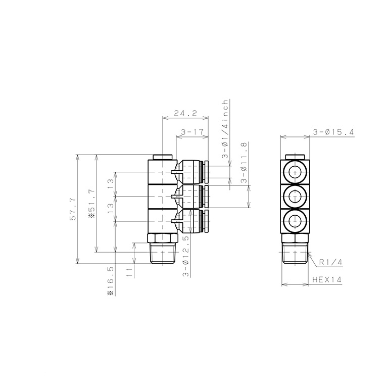 Đầu Nối Nhanh Khí Nén Ba Nhánh Cong 90° Thân Lục Giác Trụ Ren Ngoài Pisco PHT1/4-02_drawing