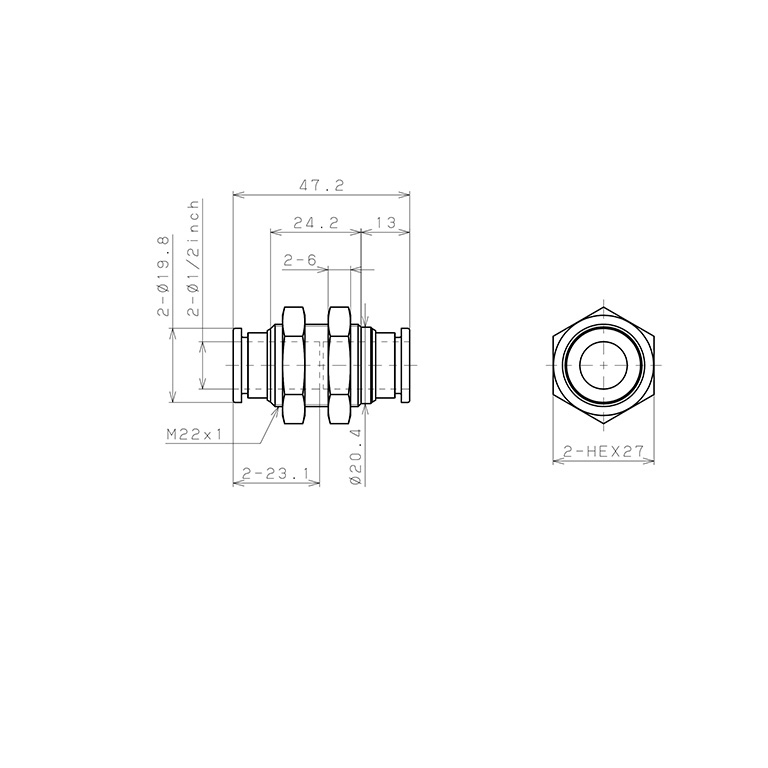 Đầu Nối Nhanh Khí Nén Dạng Thẳng Ren Ngoài Lắp Kẹp Vách Pisco PM1/2-C_drawing