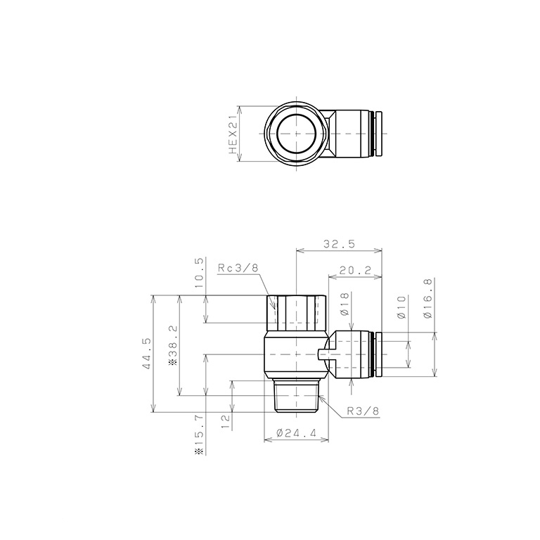 Đầu Nối Nhanh Khí Nén Cong 90° Đầu Lục Giác Trụ Ren Đực Cái Pisco PHF10-03-C_drawing