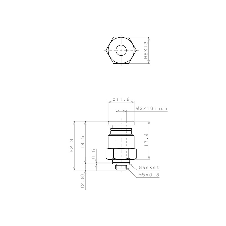 Đầu Nối Nhanh Khí Nén Dạng Thẳng Thân Lục Giác Ren Ngoài Pisco PC3/16-M5_drawing