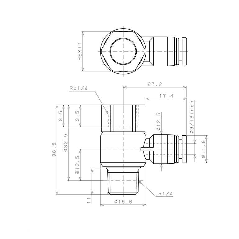 Đầu Nối Nhanh Khí Nén Cong 90° Đầu Lục Giác Trụ Ren Đực Cái Pisco PHF3/16-02_drawing