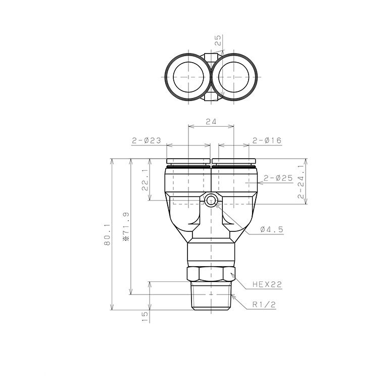 Đầu Nối Nhanh Khí Nén Dạng Chữ Y Ren Ngoài Pisco PX16-04-C_drawing