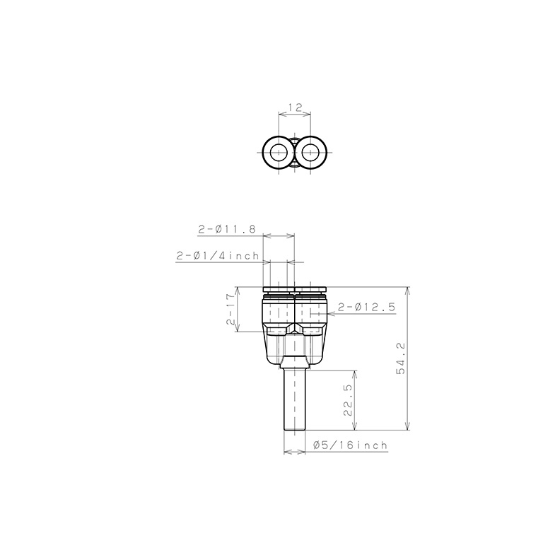 Đầu Nối Nhanh Khí Nén Giữa Ống Khí Và Fitting Dạng Nối Giảm Chữ Y Pisco PWJ5/16-1/4-C_drawing