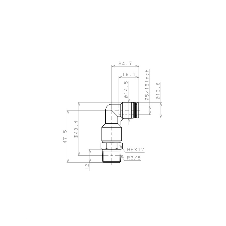 Đầu Nối Nhanh Khí Nén Dạng Cong 90° Ren Ngoài (Dài) Pisco PLL5/16-03_drawing