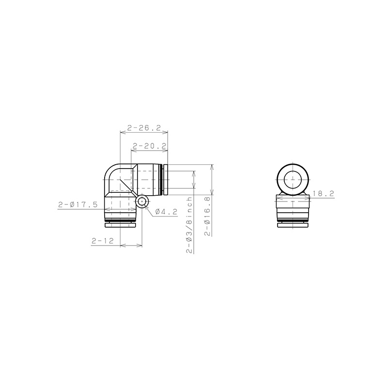 Đầu Nối Nhanh Khí Nén Cong 90° Pisco PV3/8-UC_drawing
