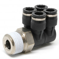 Đầu Nối Nhanh Khí Nén Bốn Nhánh Cong 90° Thân Lục Giác Trụ Ren Ngoài Pisco PAW8-04-C