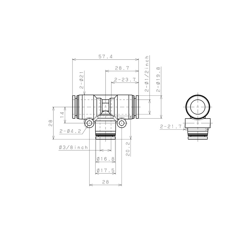Đầu Nối Nhanh Khí Nén Chữ T Dạng Nối Giảm Pisco PEG1/2-3/8-C_drawing