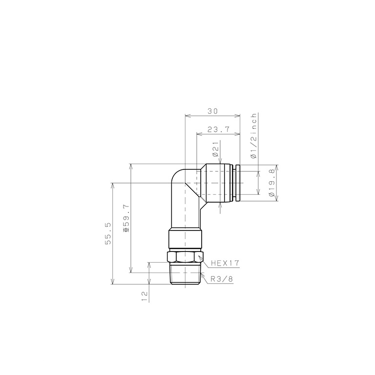 Đầu Nối Nhanh Khí Nén Dạng Cong 90° Ren Ngoài (Dài) Pisco PLL1/2-03-C_drawing