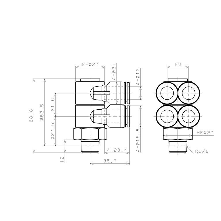 Đầu Nối Nhanh Khí Nén Bốn Nhánh Cong 90° Thân Lục Giác Trụ Ren Ngoài Pisco PAW12-03-UC_drawing