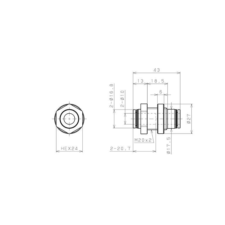 Đầu Nối Nhanh Khí Nén Dạng Thẳng Ren Ngoài Lắp Kẹp Vách Pisco PMP10_drawing