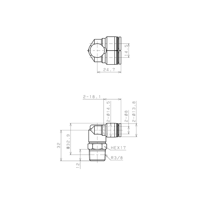 Đầu Nối Nhanh Khí Nén Hai Nhánh Cong 90° Ren Ngoài Pisco PAX8-03_drawing