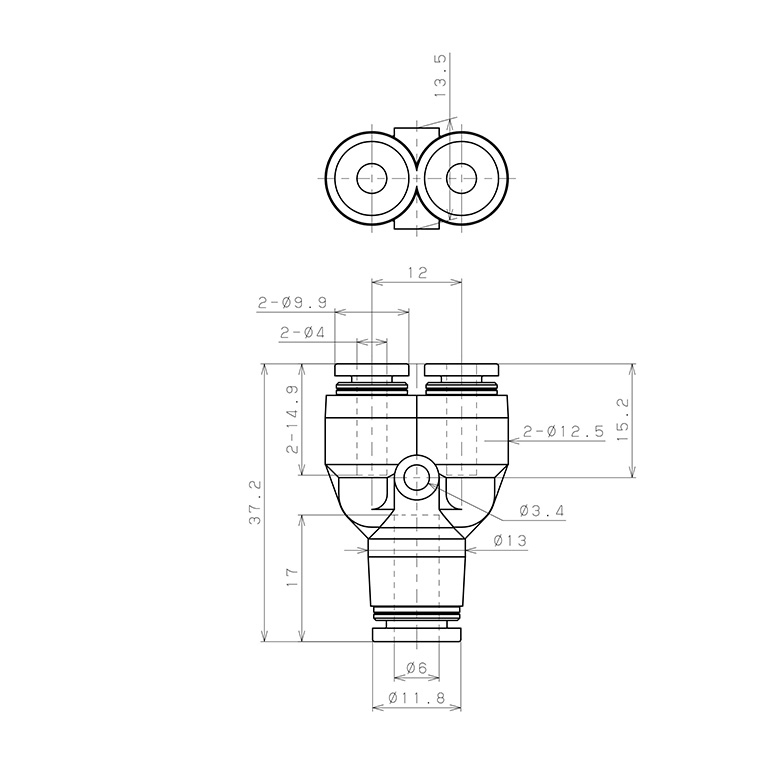 Đầu Nối Nhanh Khí Nén Chữ Y Dạng Nối Giảm Pisco PW6-4_drawing