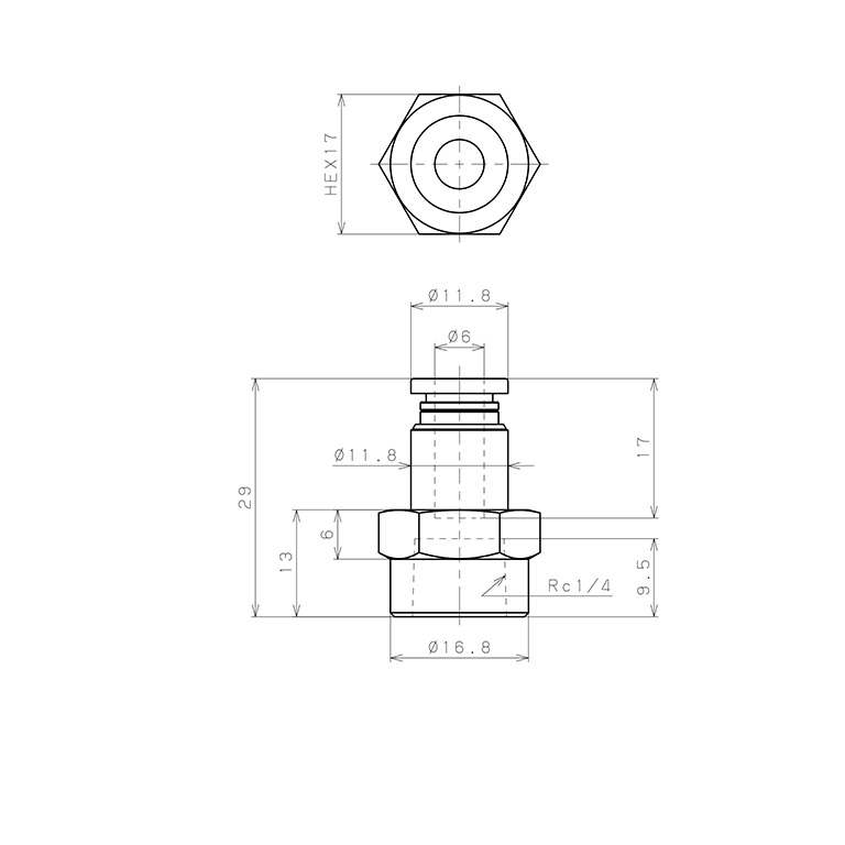 Đầu Nối Nhanh Khí Nén Dạng Thẳng Ren Trong Pisco PCF6-02-C_drawing