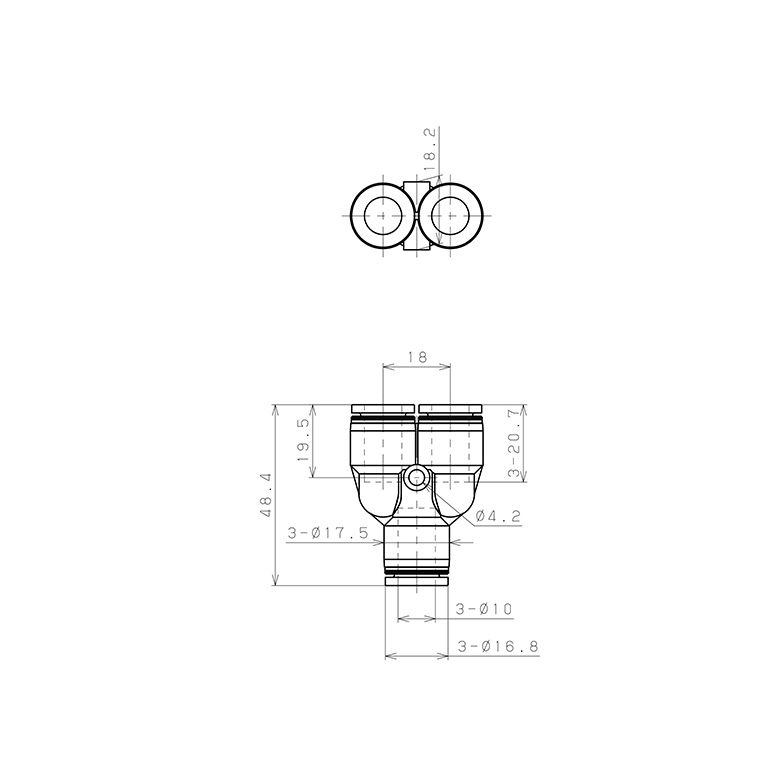 Đầu Nối Nhanh Khí Nén Ngã Ba OD 10mm Pisco PY10_drawing