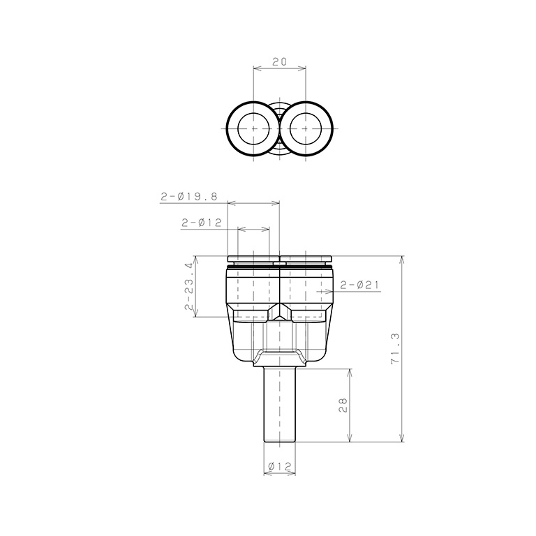 Đầu Nối Nhanh Khí Nén Giữa Ống Khí Và Fitting Dạng Chữ Y Pisco PYJ12W_drawing
