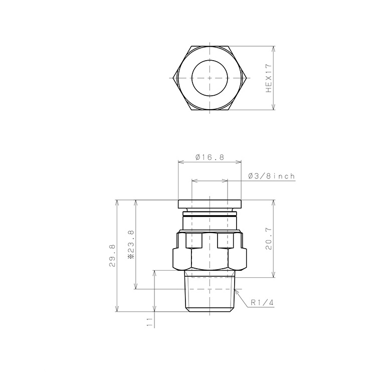 Đầu Nối Nhanh Khí Nén Dạng Thẳng Thân Lục Giác Ren Ngoài Pisco PC3/8-02-UC_drawing