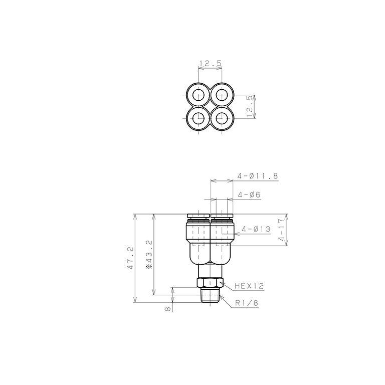 Đầu Nối Nhanh Khí Nén Dạng Chữ Y Bốn Nhánh Ren Ngoài Pisco PRX6-01W_drawing