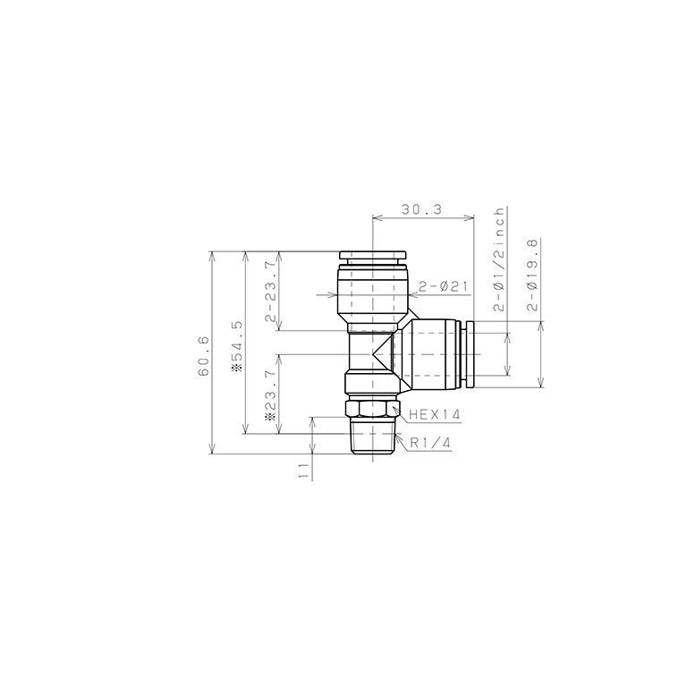 Đầu Nối Nhanh Khí Nén Dạng Chữ T Ren Ngoài Pisco PD1/2-02W_drawing