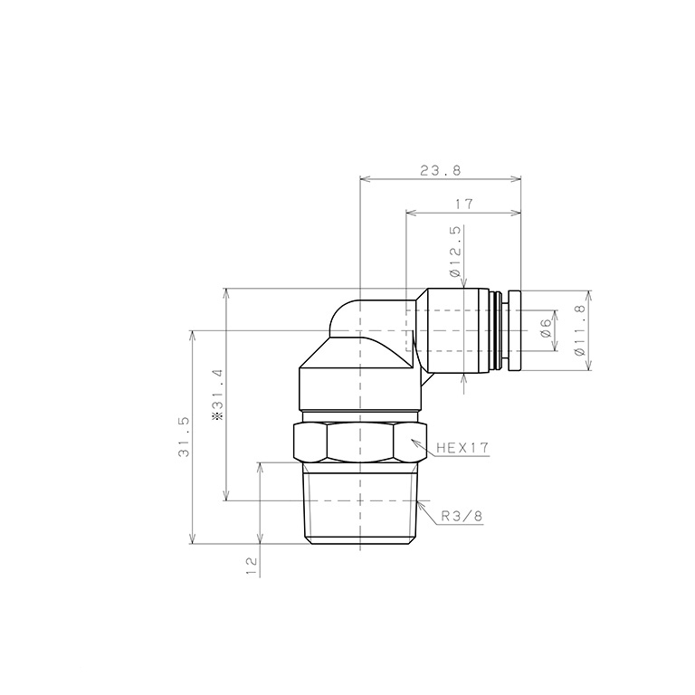 Đầu Nối Nhanh Khí Nén Dạng Cong 90° Ren Ngoài Pisco PL6-03-C_drawing