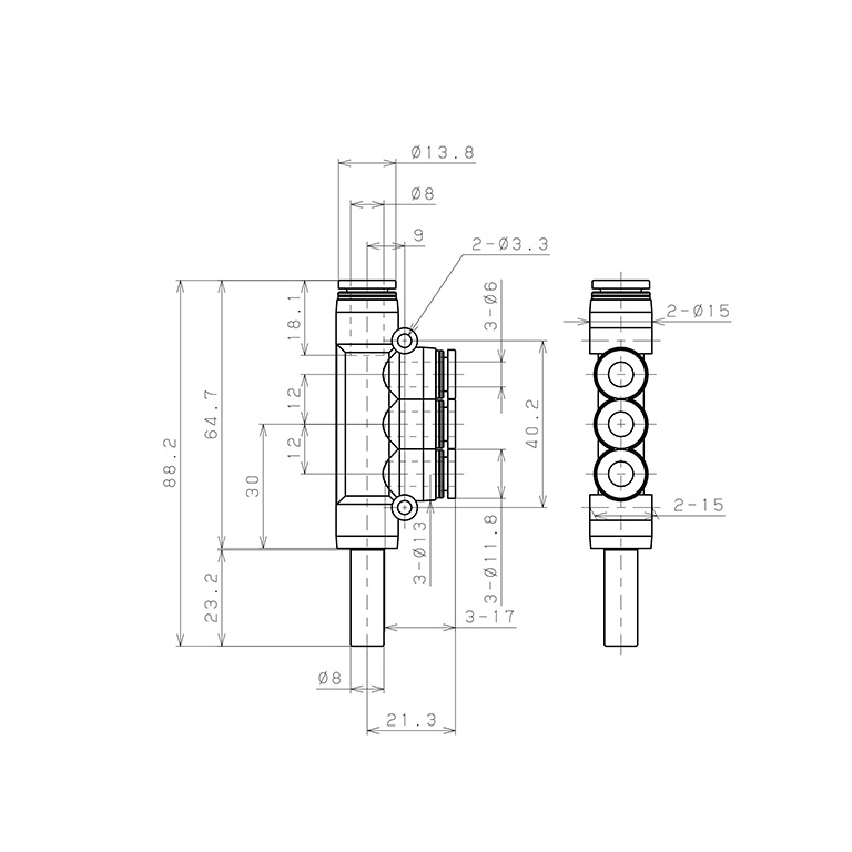 Đầu Nối Nhanh Khí Nén Giữa Ống Khí Và Fitting Bốn Nhánh Dạng Chữ T Pisco PKJ8-6-C_drawing