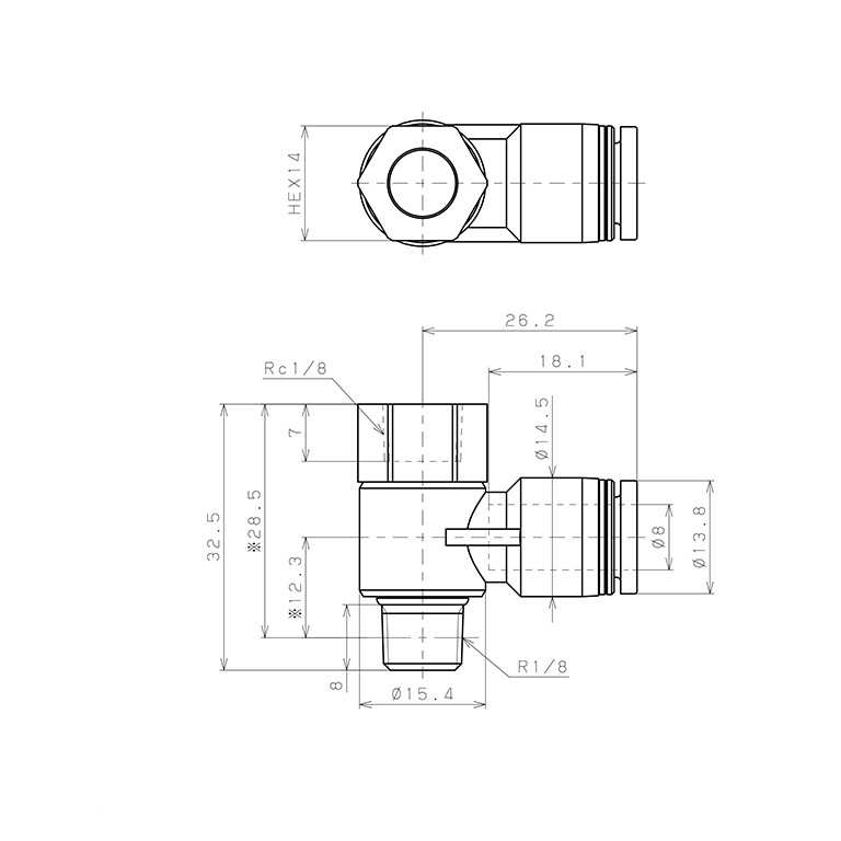 Đầu Nối Nhanh Khí Nén Cong 90° Đầu Lục Giác Trụ Ren Đực Cái Pisco PHF8-01W_drawing