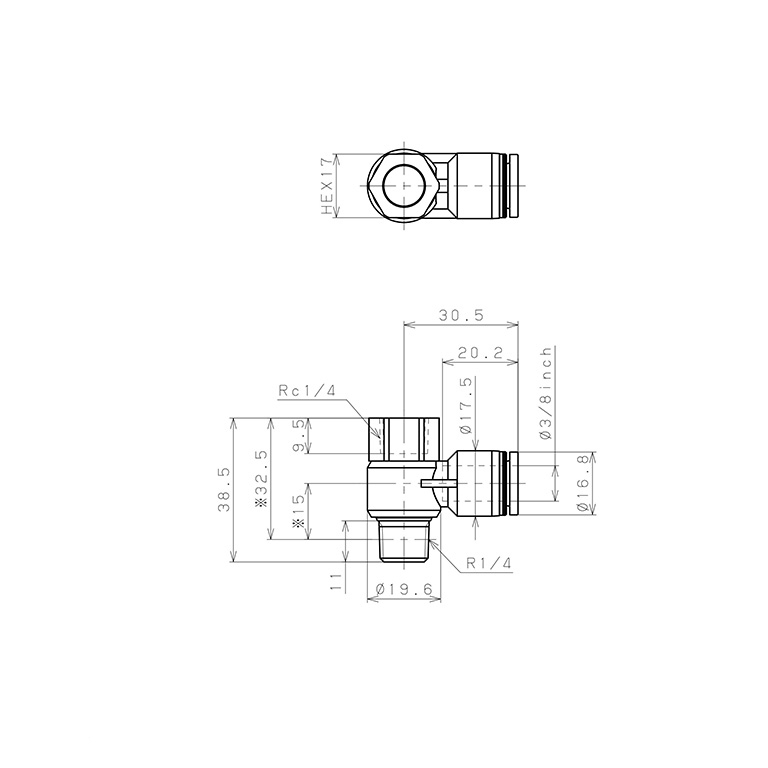 Đầu Nối Nhanh Khí Nén Cong 90° Đầu Lục Giác Trụ Ren Đực Cái Pisco PHF3/8-02_drawing