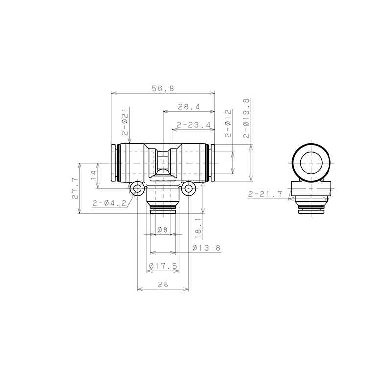 Đầu Nối Nhanh Khí Nén Chữ T Dạng Nối Giảm Pisco PEG12-8_drawing
