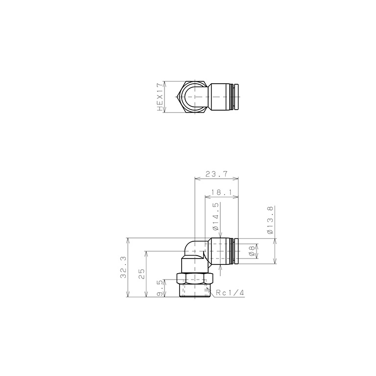 Đầu Nối Nhanh Khí Nén Dạng Cong 90° Ren Trong Pisco PLF8-02W_drawing