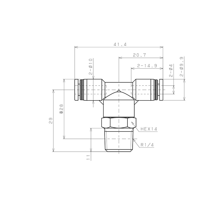 Đầu Nối Nhanh Khí Nén Dạng Chữ T Ren Ngoài Pisco PB4-02W_drawing