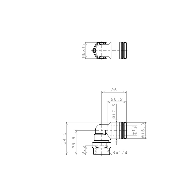 Đầu Nối Nhanh Khí Nén Dạng Cong 90° Ren Trong Pisco PLF10-02-C_drawing