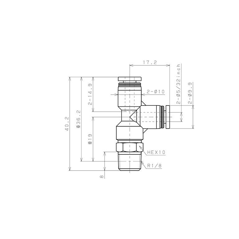 Đầu Nối Nhanh Khí Nén Dạng Chữ T Ren Ngoài Pisco PD5/32-01_drawing