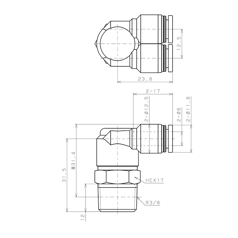 Đầu Nối Nhanh Khí Nén Hai Nhánh Cong 90° Ren Ngoài Pisco PAX6-03-C_drawing