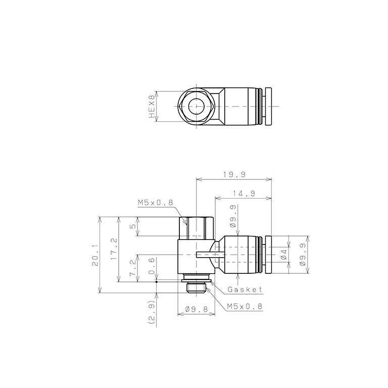 Đầu Nối Nhanh Khí Nén Cong 90° Đầu Lục Giác Trụ Ren Đực Cái Pisco PHF4-M5W_drawing