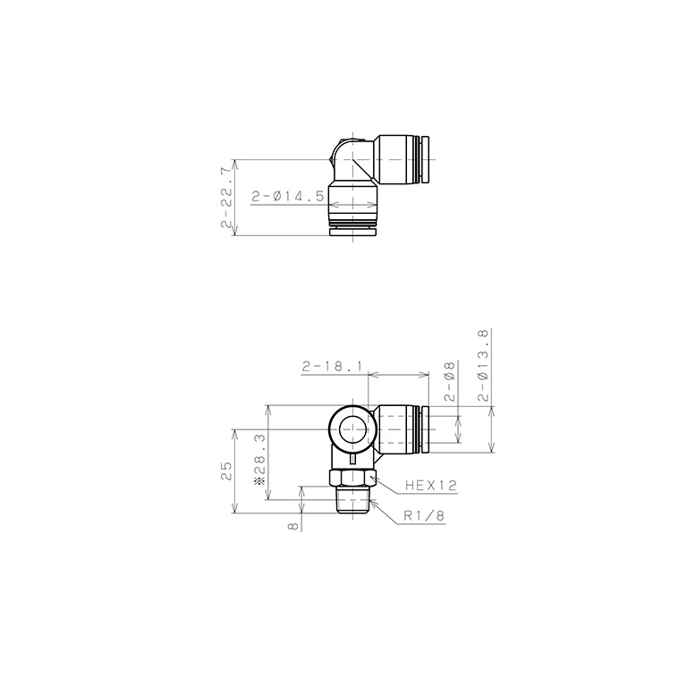 Đầu Nối Nhanh Khí Nén Hai Nhánh Chạc Ba Cong 90° Ren Ngoài Pisco PVX8-01_drawing