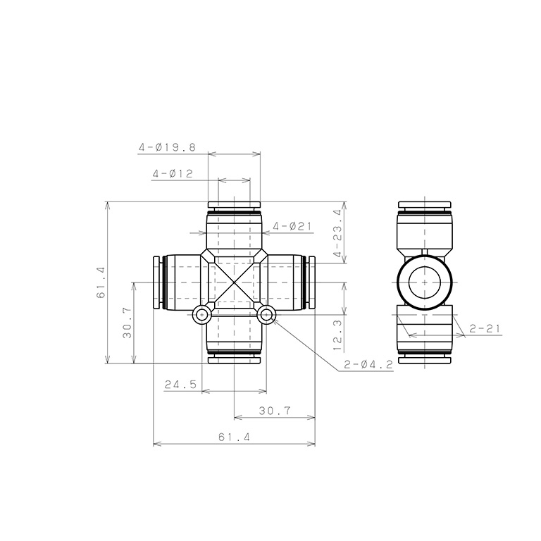 Đầu Nối Nhanh Khí Nén Ngã 4 Pisco PZA12W_drawing