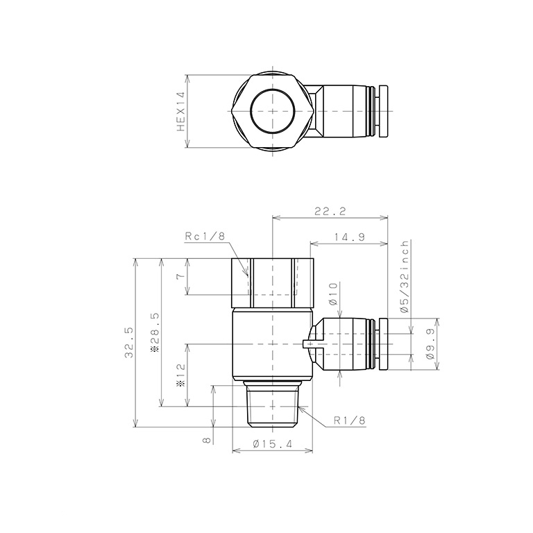 Đầu Nối Nhanh Khí Nén Cong 90° Đầu Lục Giác Trụ Ren Đực Cái Pisco PHF5/32-01_drawing