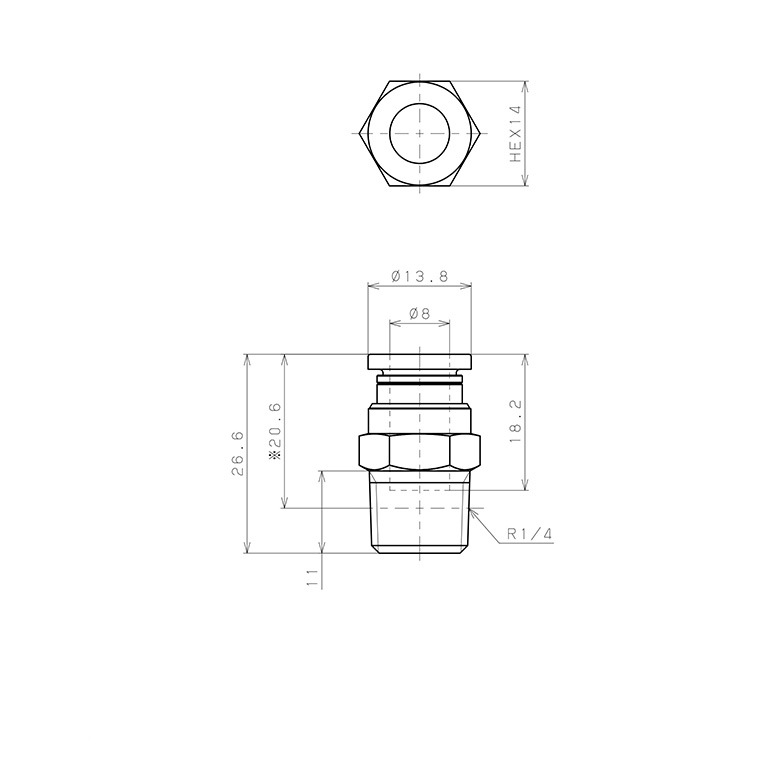 Đầu Nối Nhanh Khí Nén Dạng Thẳng Thân Lục Giác Ren Ngoài Pisco PC8-02-UC_drawing