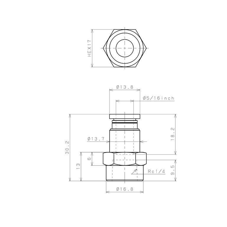 Đầu Nối Nhanh Khí Nén Dạng Thẳng Ren Trong Pisco PCF5/16-02-UC_drawing