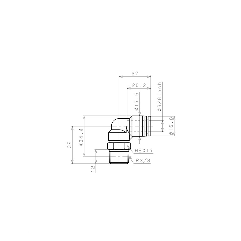 Đầu Nối Nhanh Khí Nén Dạng Cong 90° Ren Ngoài Pisco PL3/8-03W_drawing