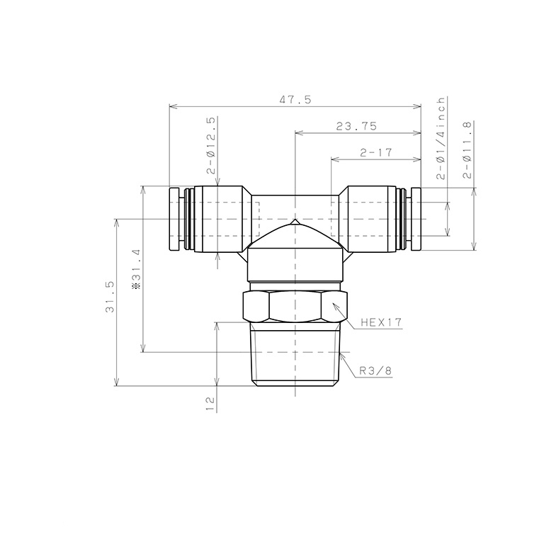 Đầu Nối Nhanh Khí Nén Dạng Chữ T Ren Ngoài Pisco PB1/4-03-C_drawing