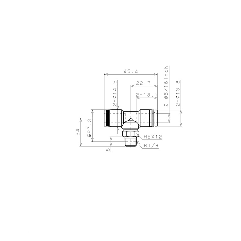Đầu Nối Nhanh Khí Nén Dạng Chữ T Ren Ngoài Pisco PB5/16-01_drawing