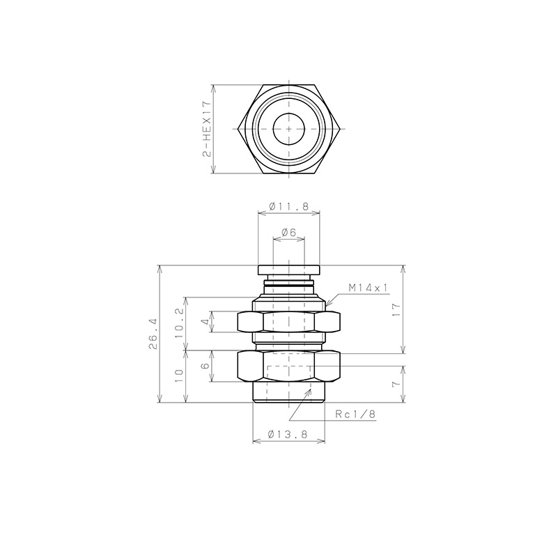 Đầu Nối Nhanh Khí Nén Dạng Thẳng Ren Trong Ngoài Pisco PMF6-01W-C_drawing